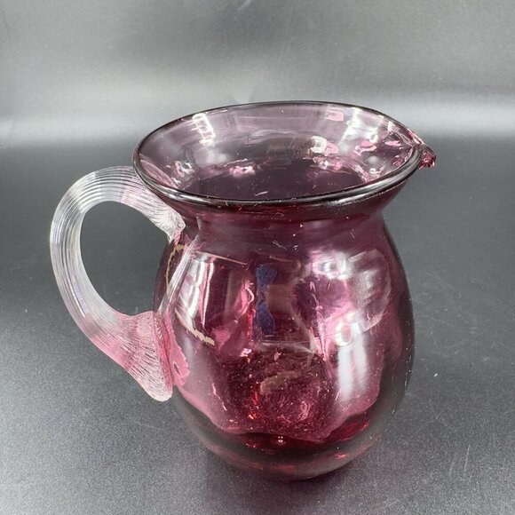 Vintage Pilgrim Glass Cranberry Small Pitcher Creamer With Clear Handle Glass - Picture 7 of 11